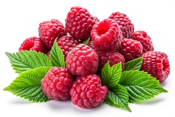 Isolated ripe raspberries on transparent background. Healthy fruit with high vitamin and mineral content. Freshness of juicy fruit.