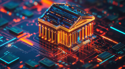 Wall Mural - This image shows a bank built on a circuit board, representing how technology is changing banking. It's a digital system connecting financial services.