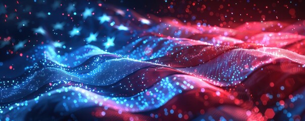 Wall Mural - Waving American flag with a digital, futuristic effect, representing national pride and modern technology. Free copy space for banner.
