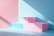 © 7707601 - Neutral pastel blue and pink product presentation podium and display with shadow on the wall. Minimalist concept. Mockup for branding and packaging. Copy space.