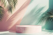 © 7707601 - Podium, stand, pedestal for product presentation with palm branches, mockup for branding and packaging. Copy space.