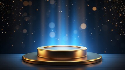 Canvas Print - A shining gold podium under vibrant spotlights, surrounded by shimmering particles on a dark blue background. The luxurious and elegant scene is perfect for highlighting a prestigious award ceremony.