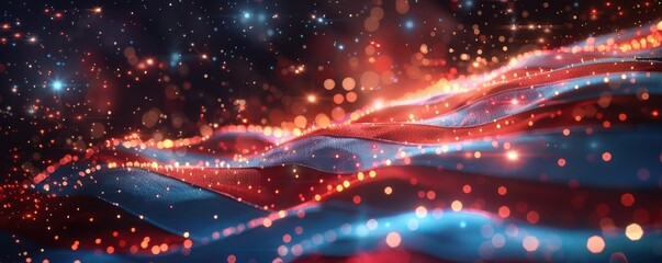 Wall Mural - Waving American flag with a digital, futuristic effect, representing national pride and modern technology. Free copy space for banner.