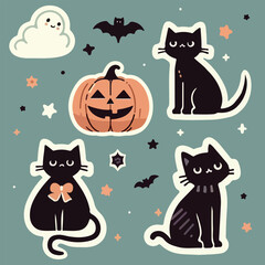 set of stickers for Halloween with pumpkin, ghosts, cats