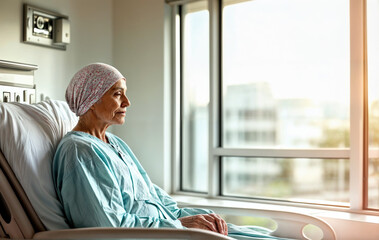 Wall Mural - Cancer patient woman looking out window in the hospital created with Generative AI technology