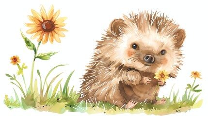 Wall Mural - A watercolor illustration of a hedgehog holding a sunflower.