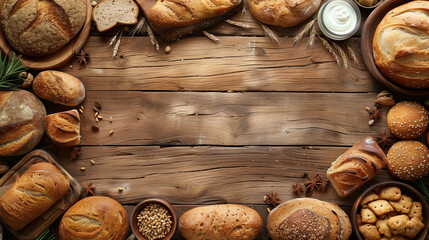 Poster - bread and other fresh pastry on a dark wooden table background