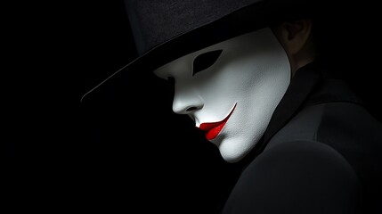 A person wearing a white mask with a red smile and a black hat, in a dark background.