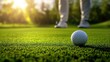 © Fay Melronna  - Close-up of a golf ball on green grass with a player in the background, perfect for sports themes and golfing promotions.