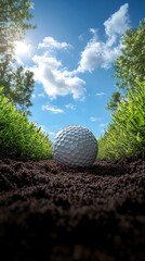 A close-up view of a golf ball situated on a grassy terrain under a bright blue sky, showcasing nature and sports.