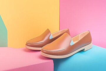 Brown Leather Loafers on a Multicolored Background