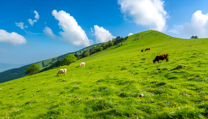 view of nice green hill with cows on blue sky background, summer day