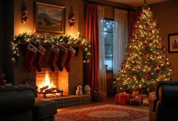 Poster - Cozy living room with a roaring fireplace, stockings hung, Christmas tree aglow, peaceful and inviting holiday atmosphere