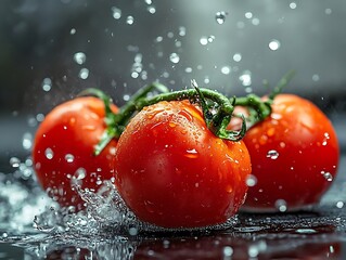 Fresh Red Tomatoes Splashing Water Drops Photo