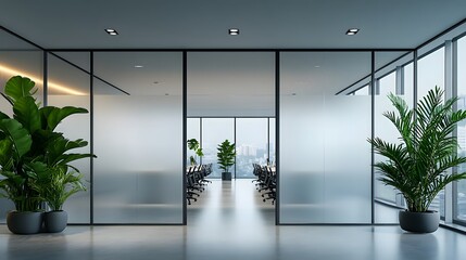 Wall Mural - Bright modern office interior, frosted glass partition, aluminum frame doors, clean minimalist design, natural light, transparent meeting room, green indoor plants.