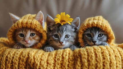 Wall Mural - funny adorable kittens wearing hats