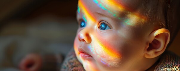 Wall Mural - Baby gazing at colorful light reflections, with a soft and curious expression, capturing innocence and wonder. Free copy space for text.