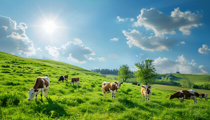 view of nice green hill with cows on blue sky background, summer day