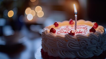 Sticker - A birthday cake with a lit candle and decorative frosting, celebrating a special occasion.