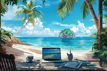 Wall Mural - Remote work setup on a tropical beach, with a laptop, coffee, and ocean view, ideal for digital nomads. Free copy space for text.