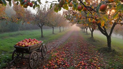 Wall Mural - A charming apple orchard scene in the early morning, where the soft light of dawn creates a gentle, serene atmosphere. The apple trees are heavy with fruit, their branches arching gracefully towards