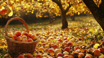 Sticker - A charming apple-picking scene in a sunlit orchard, where the golden light of late afternoon casts long shadows across the landscape. The apple trees are laden with fruit, their branches heavy with