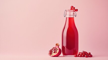 Canvas Print - A bottle of pomegranate juice with fresh pomegranate seeds on a soft pink background.