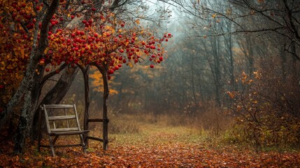 Wall Mural - A peaceful apple orchard scene at dusk, where the last rays of sunlight create a warm, golden glow over the landscape. The apple trees are full of ripe, red apples, their branches reaching out to