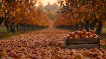 Sticker - A peaceful apple orchard scene with rows of apple trees, their branches heavy with ripe, red apples. The trees are bathed in the warm, golden light of a late autumn afternoon. The ground beneath is