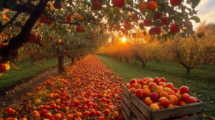 Wall Mural - A picturesque apple orchard scene at sunset, where the warm, golden light of the setting sun creates a peaceful, inviting atmosphere. The apple trees are heavy with fruit, their branches bending