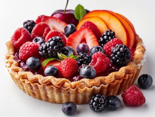 Wall Mural - cream curd tart with fruits and berries on a white background