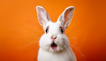 Portrait of a white cute rabbit with surprised expression on a orange background