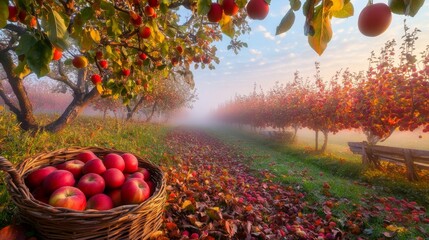 Wall Mural - A serene apple orchard scene in the early morning, where the mist hangs low over the rows of trees, giving the landscape a soft, ethereal quality. The apple trees are full of ripe, red apples, their