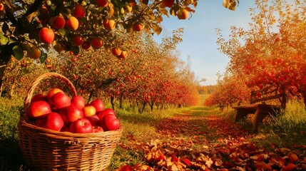 Wall Mural - A vibrant apple orchard scene at midday, where the bright sunlight highlights the rich colors of the season. The apple trees are full of ripe, red apples, their branches bending under the weight of