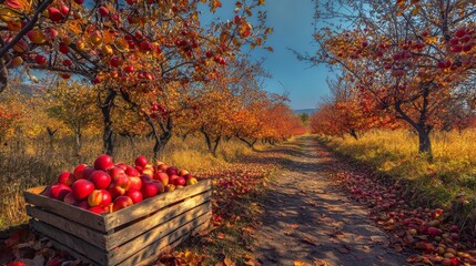 Wall Mural - A vibrant apple orchard scene at midday, where the bright sunlight highlights the rich colors of the season. The apple trees are full of ripe, red apples, their branches bending under the weight of