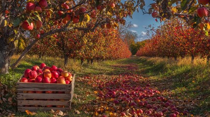 Wall Mural - A vibrant apple orchard scene at midday, where the bright sunlight highlights the rich colors of the season. The apple trees are heavy with fruit, their branches bending under the weight of ripe, red