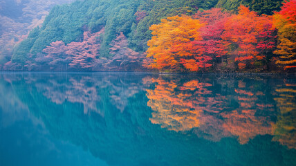  秋の湖と紅葉のリフレクション