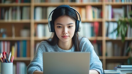 Wall Mural - stock photo of a focused Asian young woman, about 22 years old, taking online courses on a laptop, wearing headphones, sitting at a home office desk, blurred background 