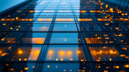 Modern glass skyscraper at dusk, tilt-shift photography, shallow depth of field, warm orange interior lights, cool blue exterior reflections, geometric patterns of windows.