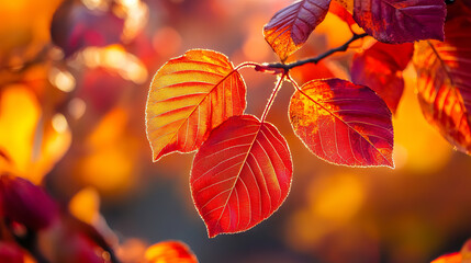 Wall Mural - close-up of red autumn leaves on a branch with sunlight shining through. nature photography for fall