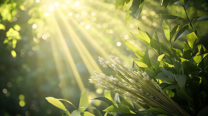 Wall Mural - sunlight shining through green foliage and bouquet of plants. nature photography symbolizing sukkot.