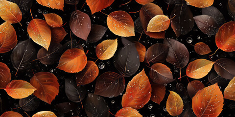 Wall Mural - illustration of autumn leaves with water droplets scattered on a black background. nature pattern wi