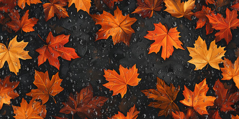 Wall Mural - illustration of autumn maple leaves with water droplets scattered on a dark, wet surface. nature pat