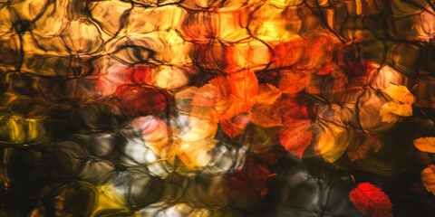 Wall Mural - abstract reflection of autumn leaves on rippling water with warm, blurred colors. nature-inspired ar