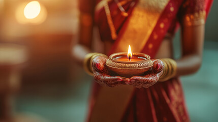 Close-up of woman in traditional attire holding a lit oil lamp with henna-decorated hands. Warm lighting and bokeh in the background. Diwali celebration and cultural tradition concept.