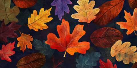 Wall Mural - colorful autumn leaves illustration with orange, red, yellow, and purple leaves on a dark background