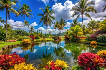 Wall Mural - Vibrant Botanical Garden With Lush Tropical Plants, Colorful Flowers, And Scenic Pond In Kauai, Hawaii