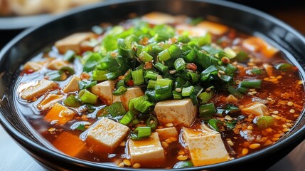 A close-up view of a spicy tofu soup garnished with freshly chopped green onions served in a black bowl, showcasing delicious Asian cuisine and vibrant flavors.