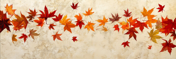 Wall Mural - illustration of colorful autumn leaves scattered on a textured beige surface. seasonal nature concep