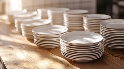 Stacks of white ceramic plates, bright natural lighting, wooden table surface, kitchen or restaurant setting, shallow depth of field, soft bokeh background, clean and minimalist.